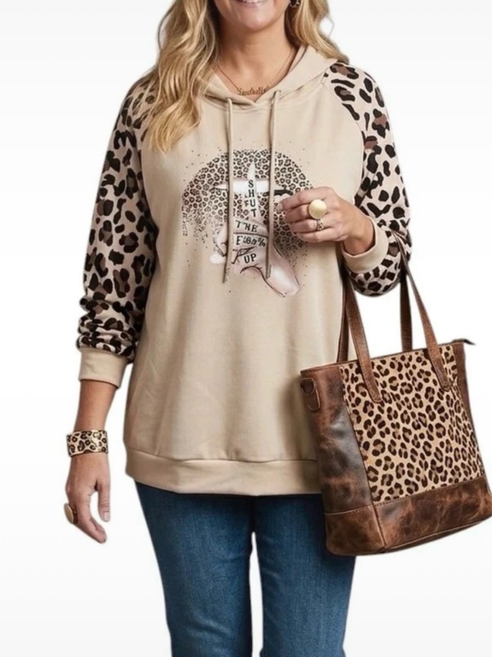Shein Plus Leopard Raglan Sleeve Drawstring Hoodie. Size 1XL.